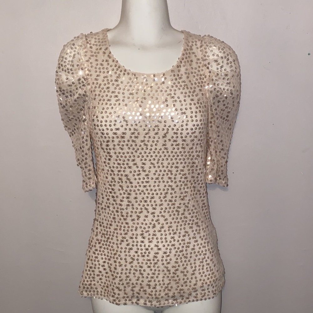 2Beautiful champagne sequenced scoop, neck top, princess sleeves